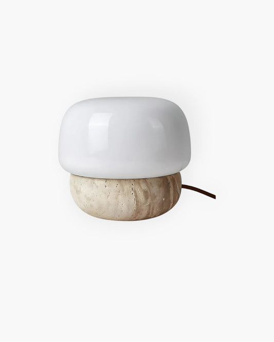 Aurora Mushroom Table Lamp with Yellow Travertine Base and Opal Glass Shade - Modern Nightstand Lamp 1