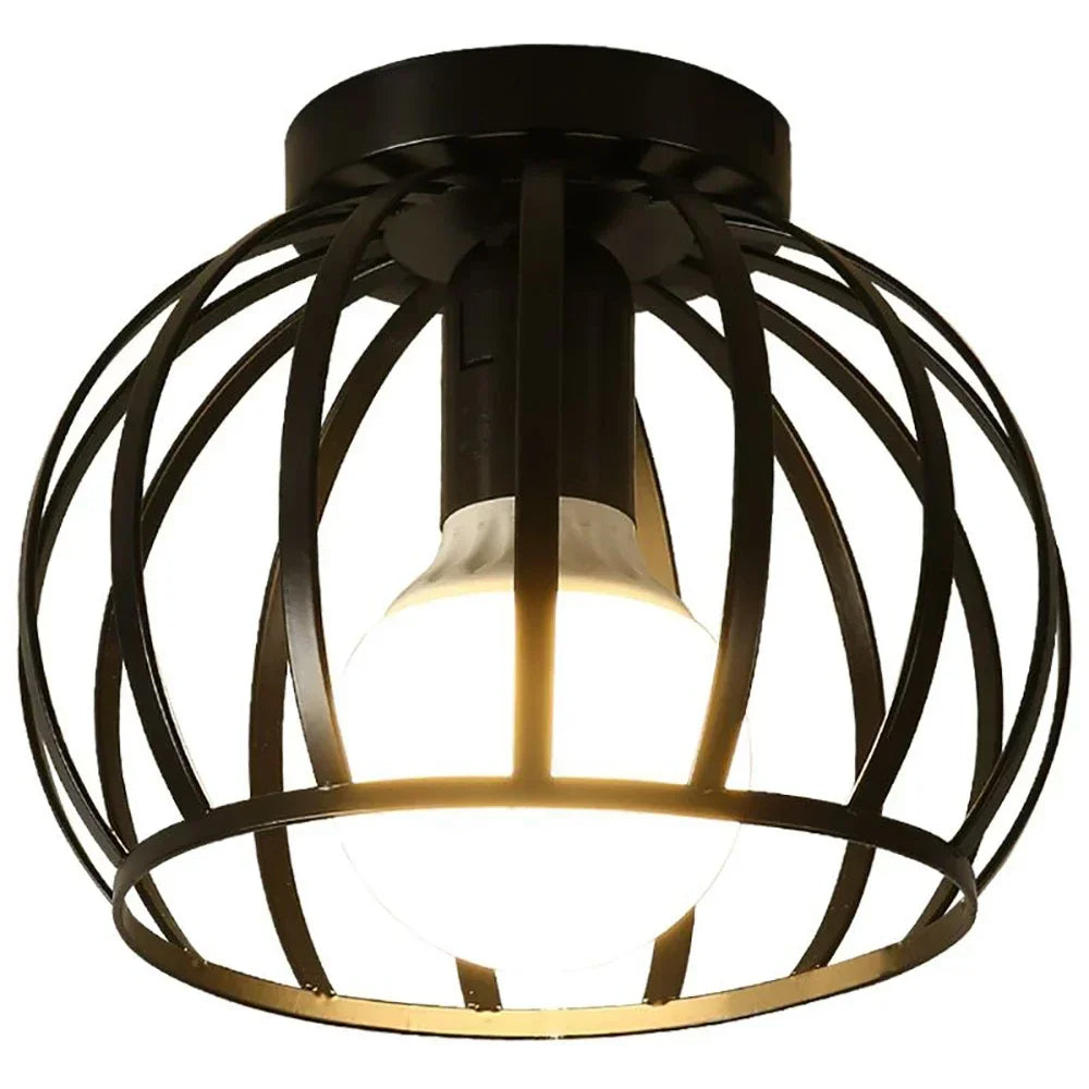 Vintage Industrial Ceiling Light with Open Cage Design – Black Metal Fixture