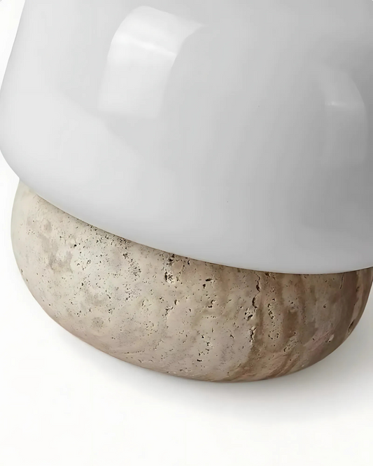 Aurora Mushroom Table Lamp with Yellow Travertine Base and Opal Glass Shade - Modern Nightstand Lamp 2