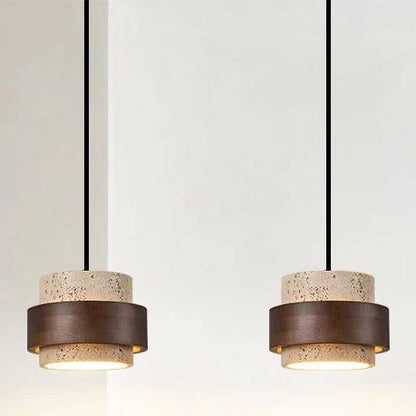 Modern Pendant Light with Travertine Shade and Walnut Accents – 12.5cm Height