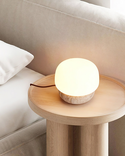 Aurora Mushroom Table Lamp with Yellow Travertine Base and Opal Glass Shade - Modern Nightstand Lamp 5