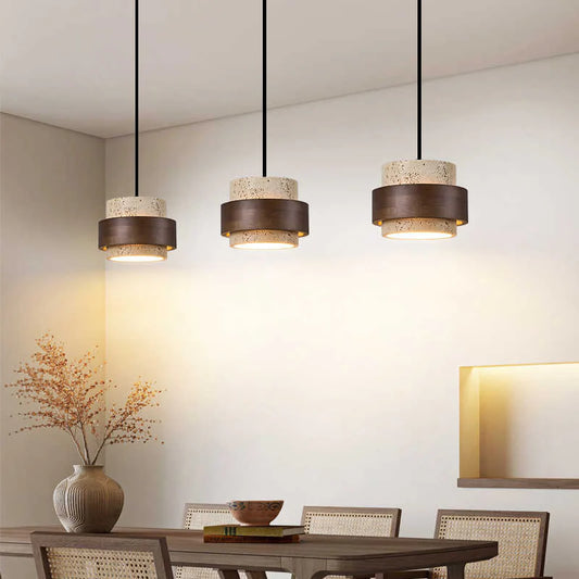 Modern Pendant Light with Travertine Shade and Walnut Accents – 12.5cm Height