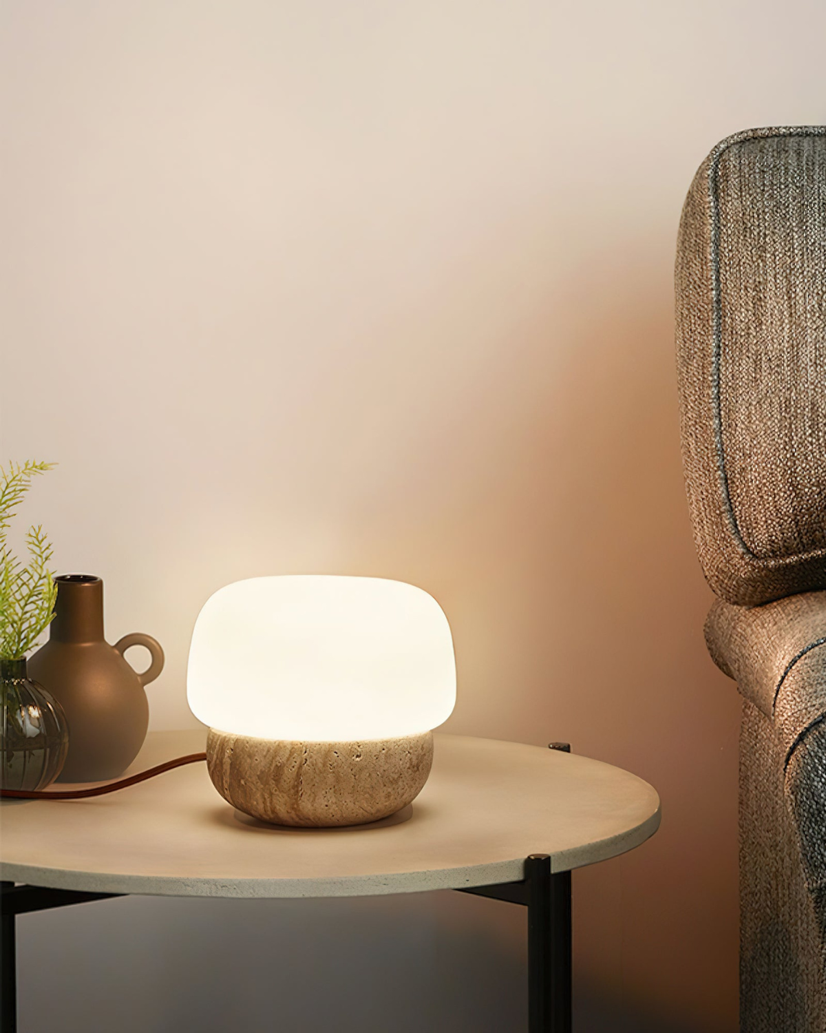 Aurora Mushroom Table Lamp with Yellow Travertine Base and Opal Glass Shade - Modern Nightstand Lamp 3