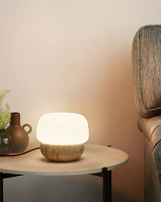 Aurora Mushroom Table Lamp with Yellow Travertine Base and Opal Glass Shade - Modern Nightstand Lamp 3