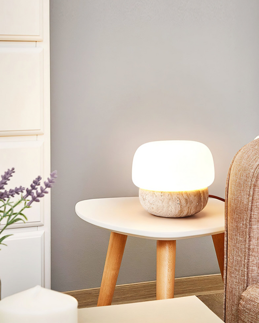 Aurora Mushroom Table Lamp with Yellow Travertine Base and Opal Glass Shade - Modern Nightstand Lamp 4
