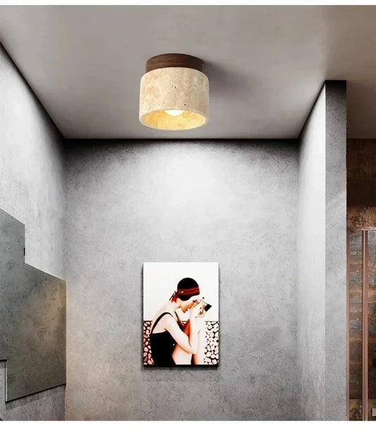 Natural Travertine Ceiling Lamp – Compact Design for Modern Interiors, Warm Lighting