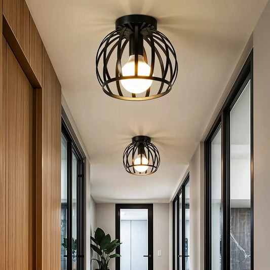 Vintage Industrial Ceiling Light with Open Cage Design – Black Metal Fixture 1