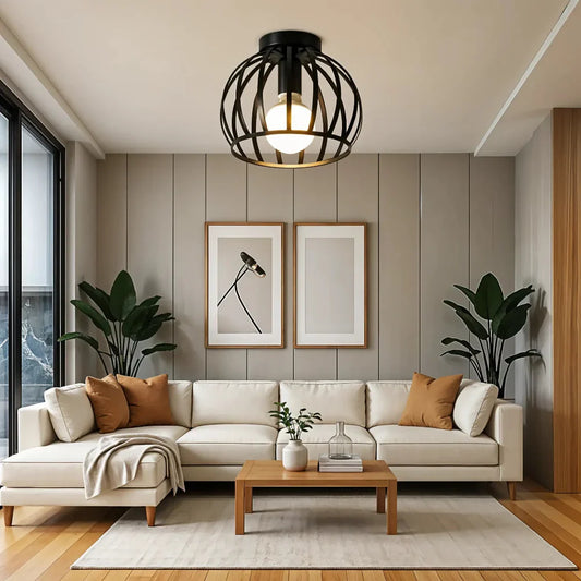 Vintage Industrial Ceiling Light with Open Cage Design – Black Metal Fixture 4