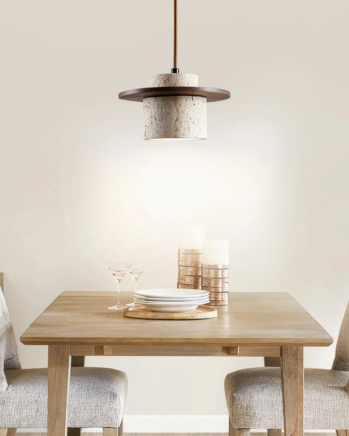Sculptural Travertine and Walnut Pendant Lamp – Modern Kitchen Pendant Lighting 3
