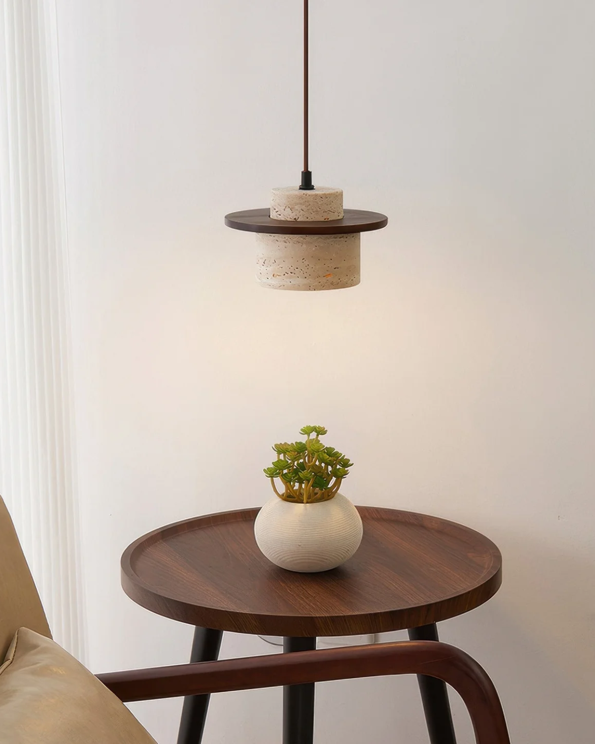 Sculptural Travertine and Walnut Pendant Lamp – Modern Kitchen Pendant Lighting 4
