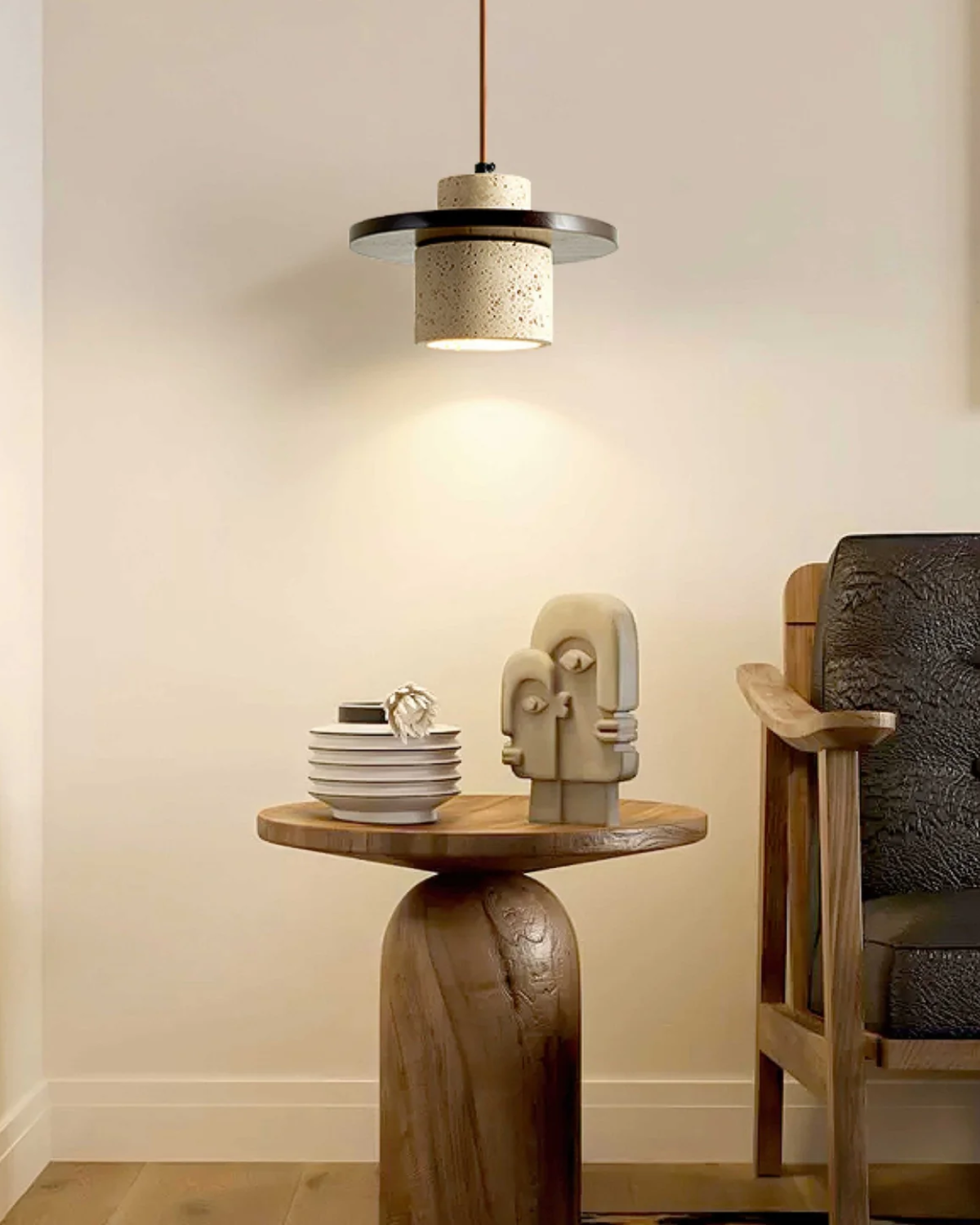 Sculptural Travertine and Walnut Pendant Lamp – Modern Kitchen Pendant Lighting 5