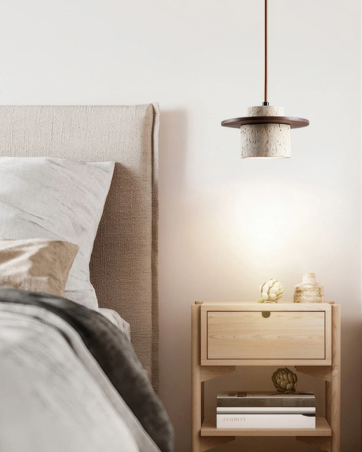 Sculptural Travertine and Walnut Pendant Lamp – Modern Kitchen Pendant Lighting 6