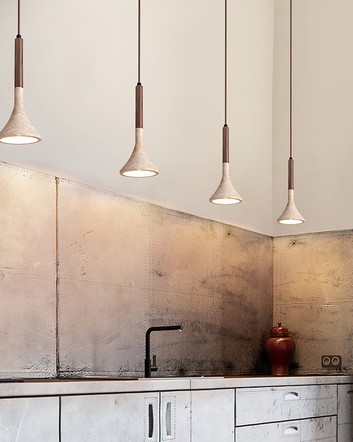 Sculpted Travertine Pendant Light with Walnut Wood Accents – 30cm Modern Hanging Light 3