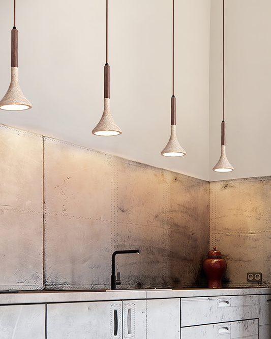 Sculpted Travertine Pendant Light with Walnut Wood Accents – 30cm Modern Hanging Light 3