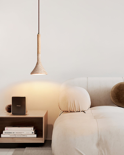 Sculpted Travertine Pendant Light with Walnut Wood Accents – 30cm Modern Hanging Light 6