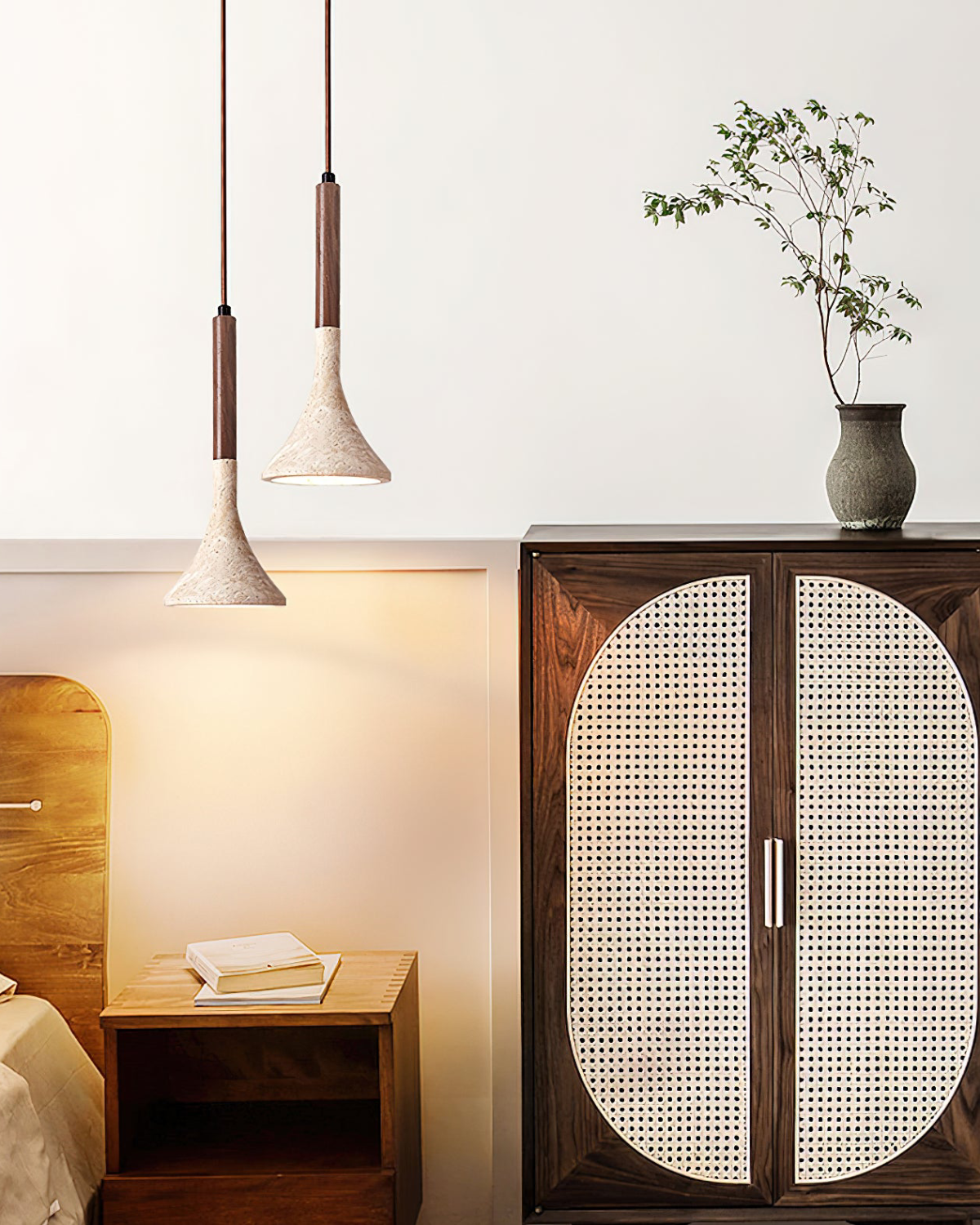 Sculpted Travertine Pendant Light with Walnut Wood Accents – 30cm Modern Hanging Light 4