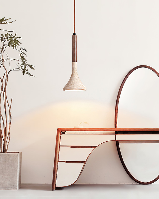 Sculpted Travertine Pendant Light with Walnut Wood Accents – 30cm Modern Hanging Light 5