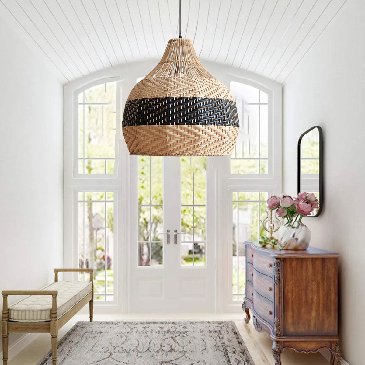 Rattan Pendant Light Black Natural Adjustable 50cm Hanging Light for Kitchen Decor 0