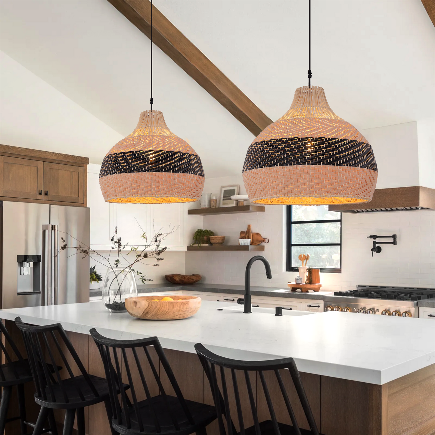 Rattan Pendant Light Black Natural Adjustable 50cm Hanging Light for Kitchen Decor 2