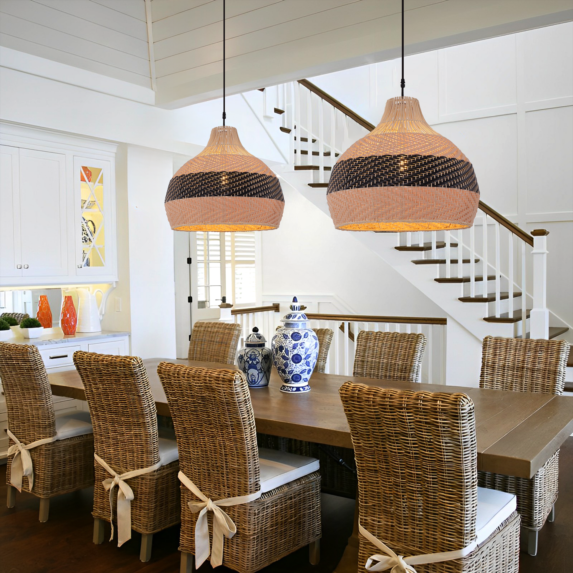 Rattan Pendant Light Black Natural Adjustable 50cm Hanging Light for Kitchen Decor 7