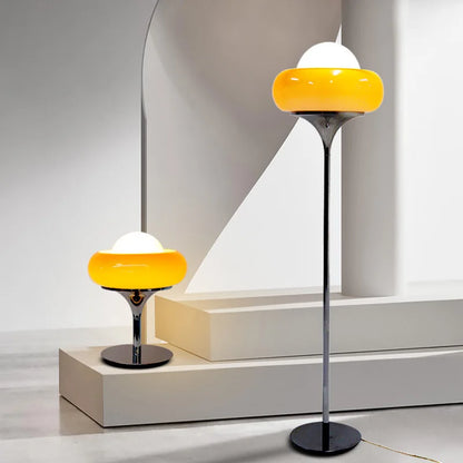 Elegant Retro Floor and Table Lamp with Frosted Glass Shade – Red and Yellow LED Lights 3