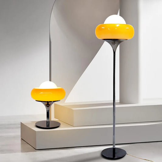 Elegant Retro Floor and Table Lamp with Frosted Glass Shade – Red and Yellow LED Lights 3