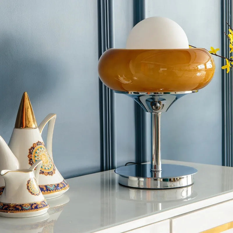 Elegant Retro Floor and Table Lamp with Frosted Glass Shade – Red and Yellow LED Lights 5