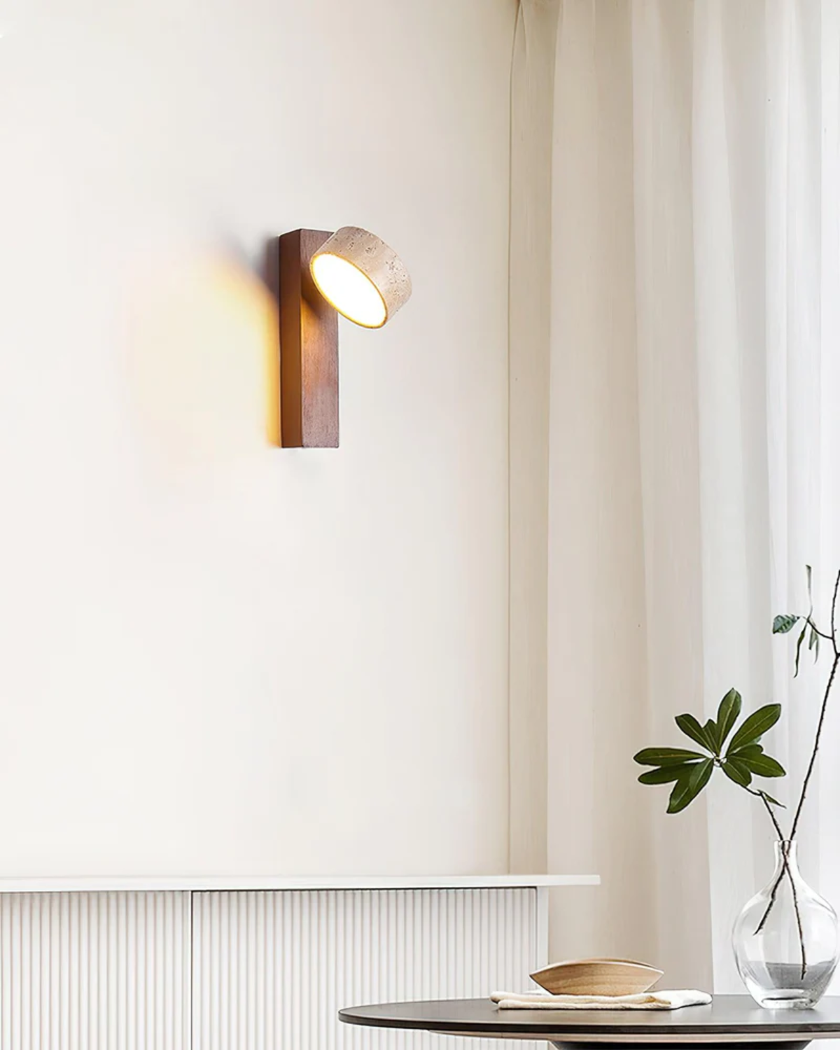 Travertine and Walnut Wood Wall Sconce – Adjustable Downward Lighting Fixture 4