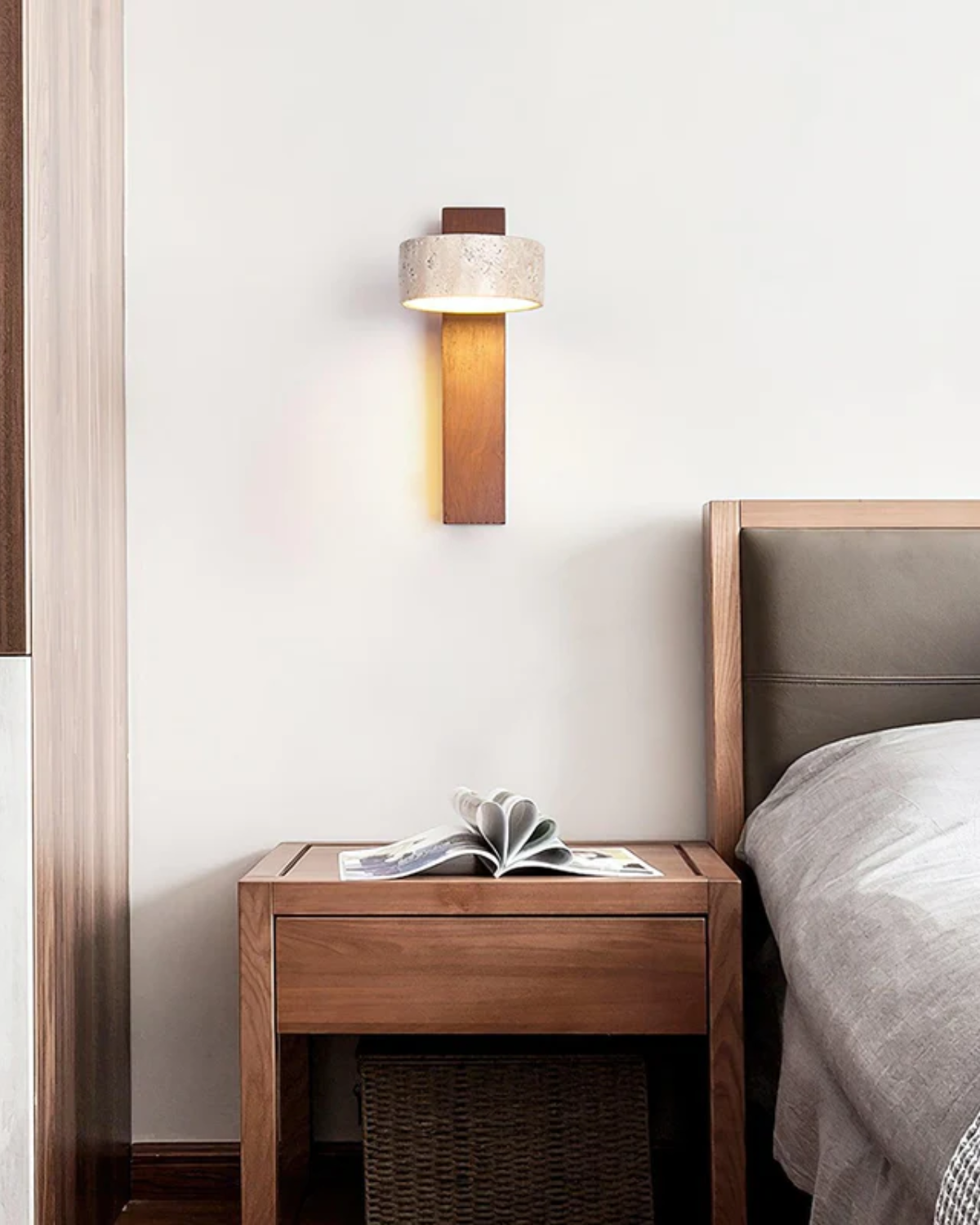 Travertine and Walnut Wood Wall Sconce – Adjustable Downward Lighting Fixture 3