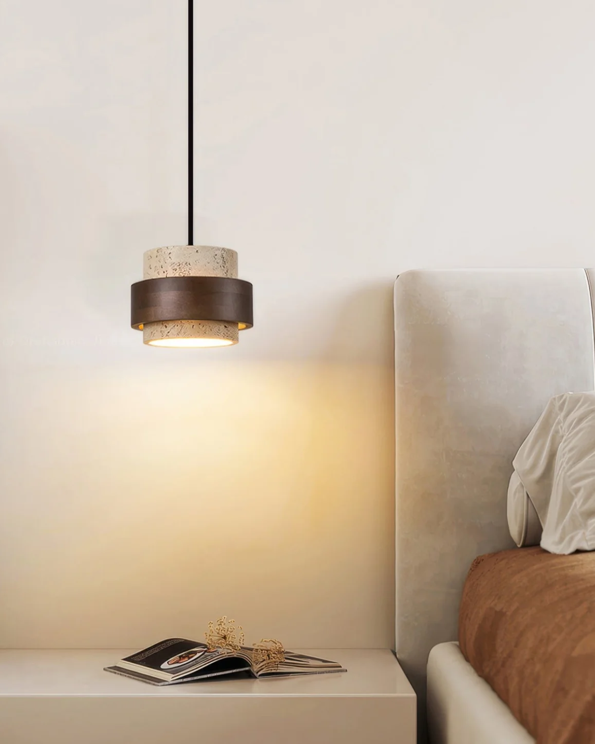 Modern Kitchen Pendant Lighting with Travertine Shade and Walnut Accents – 12.5cm Height 3