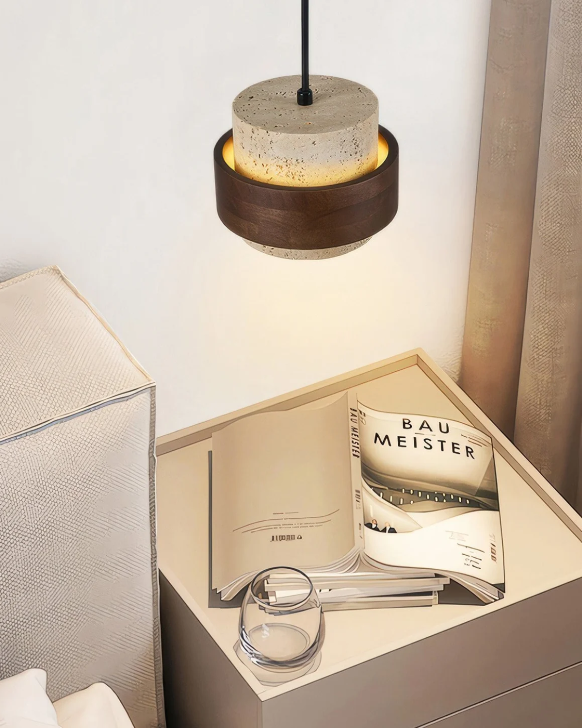 Modern Kitchen Pendant Lighting with Travertine Shade and Walnut Accents – 12.5cm Height 4