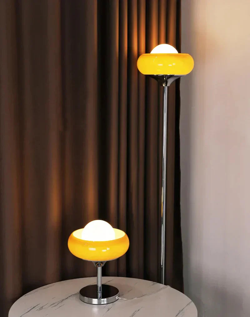 Elegant Retro Floor and Table Lamp with Frosted Glass Shade – Red and Yellow LED Lights 6