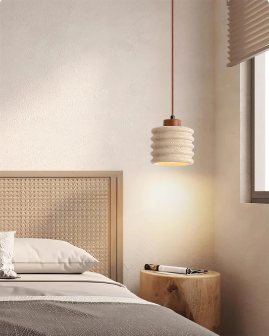 Sculptural Travertine and Walnut Pendant Lamp – Elegant Kitchen Pendant Lighting 5